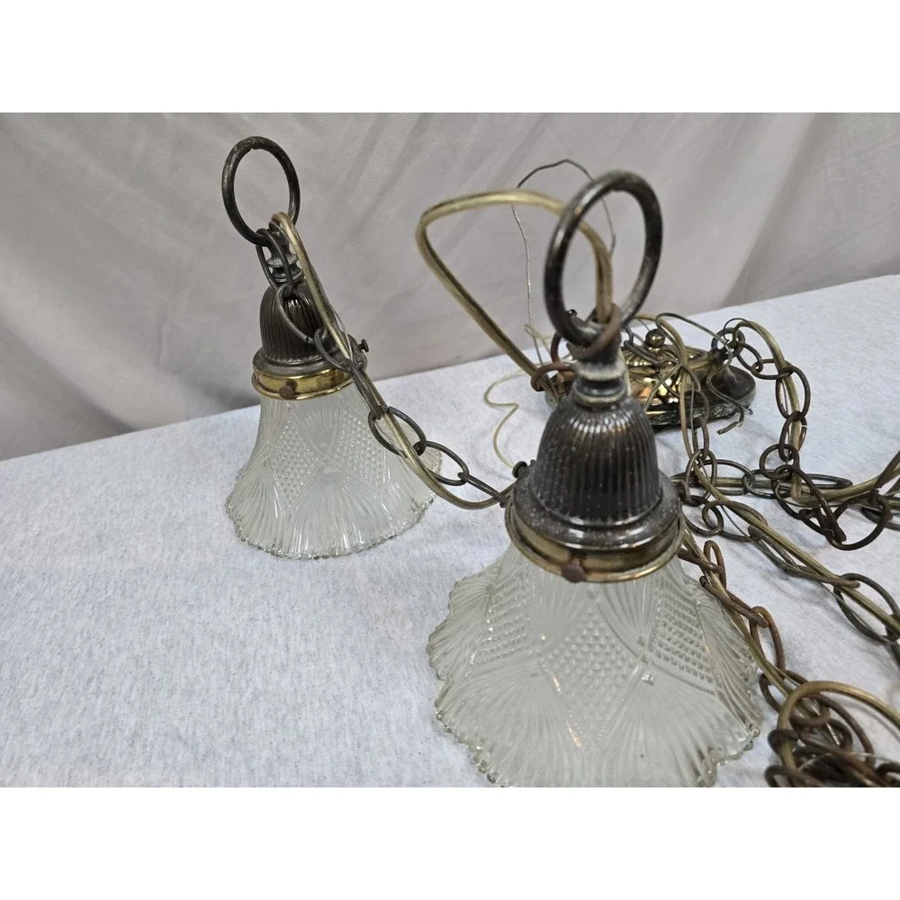 Vintage Brass Double‎ Pendant Light Pair Frosted Glass Shades Hanging Lamps MCM